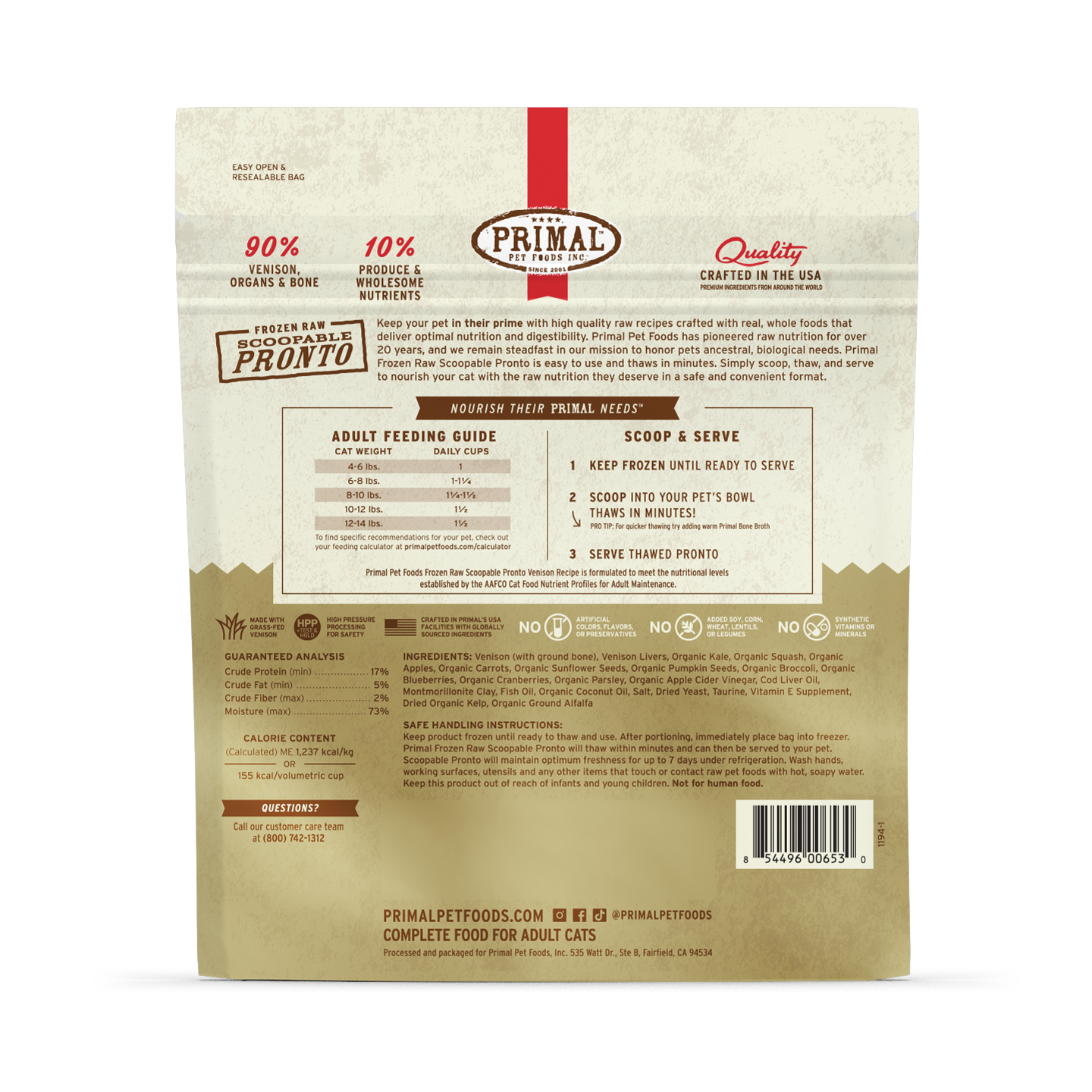 Frozen Raw Scoopable Pronto Cat Food - Venison Recipe